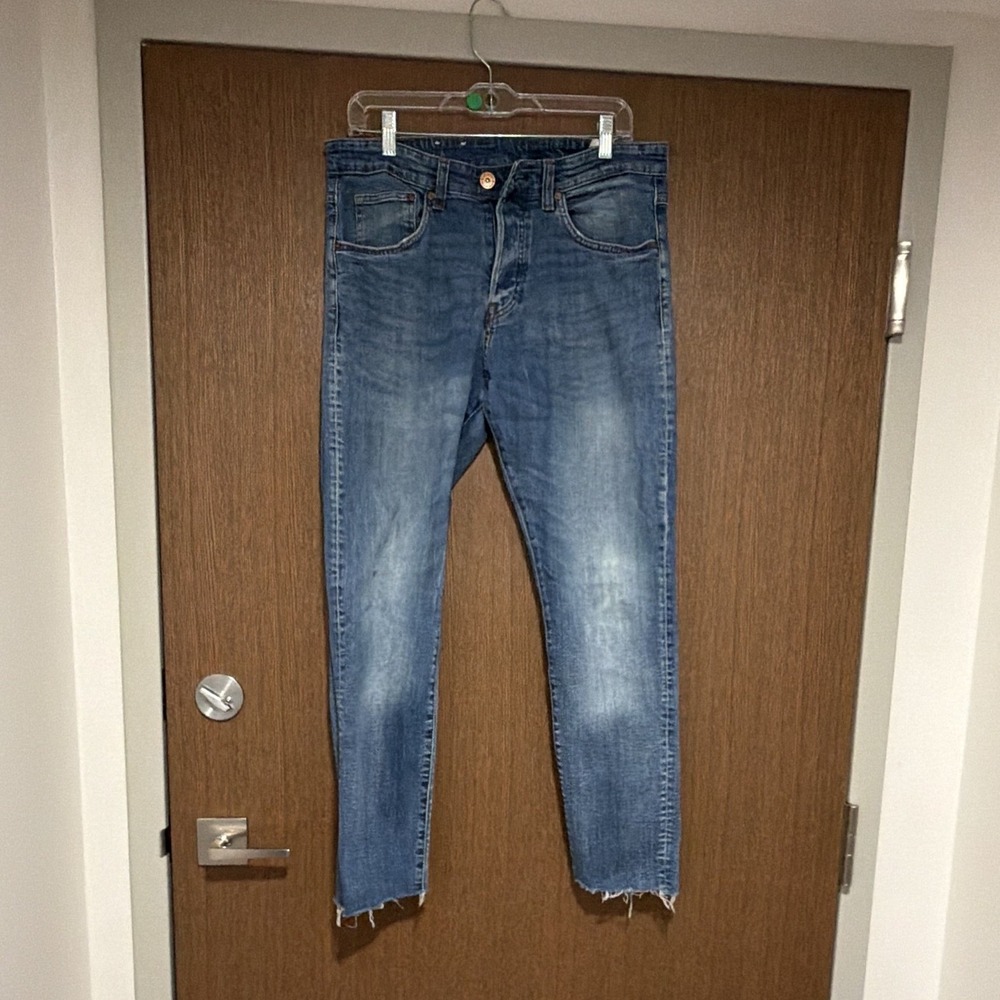 H&M Men's Blue Skinny Low Rise Denim Jeans 34x32 stretch Button Fly